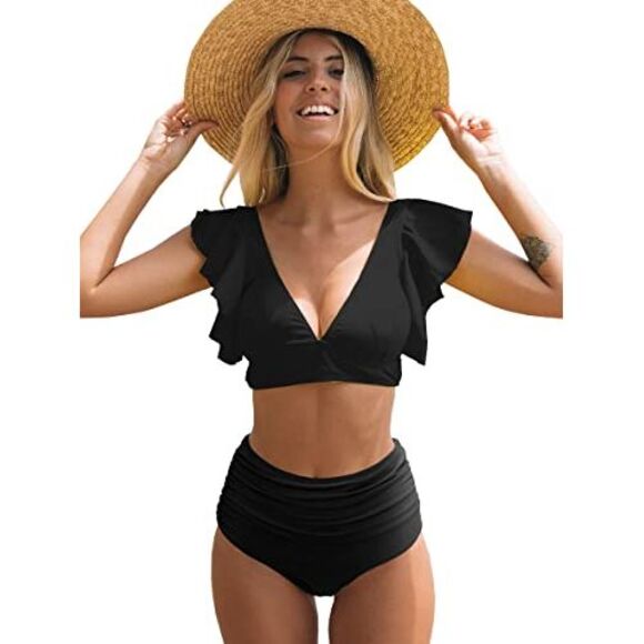 Sporlike Other - Women Ruffle High Waist Two Pieces Push Up Black Bikini  Large, Size: L